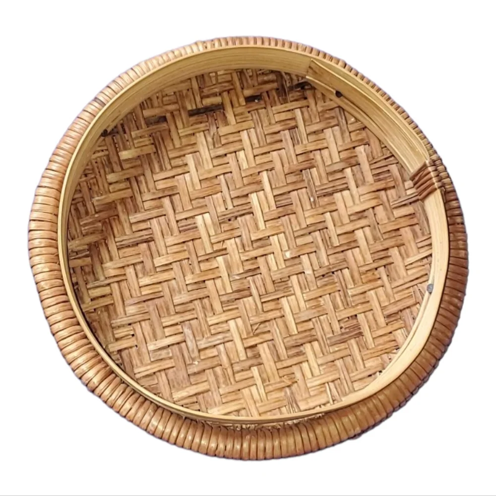VINTAGE HANDMADE Rattan Woven Wicker Basket Removable Lid Decorative Storage
